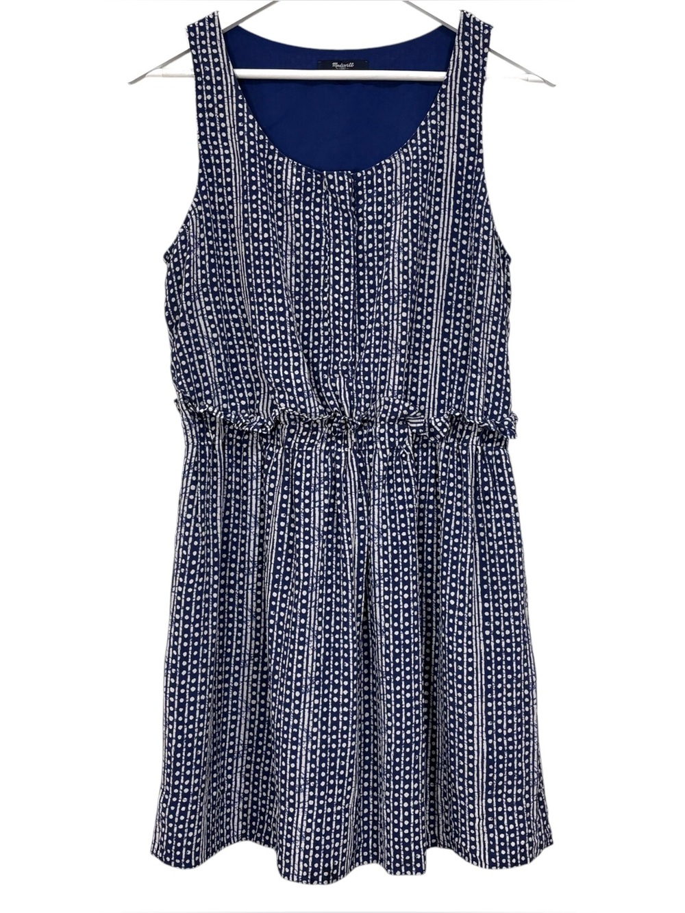 Madewell Blue White Batik Print Silk Paperbag Ruffle Waist Dress Size 8 Womens